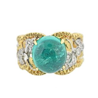 18k Gold 9ct Emerald Cabochon Diamond Ring