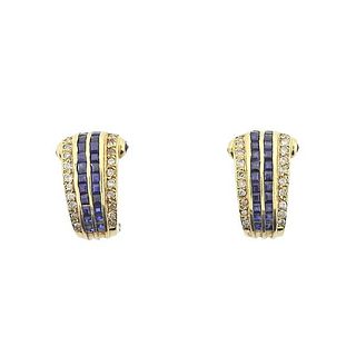 18k Gold Diamond Sapphire Half Hoop Earrings