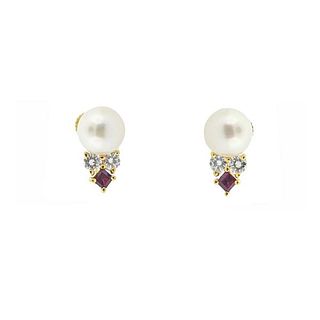 18k Gold Pearl Diamond Ruby Earrings