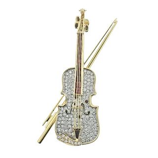 18k Gold Diamond Ruby Violin Brooch Pendant