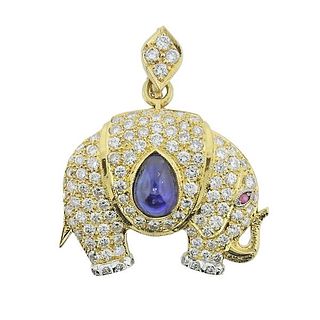 18k Gold Diamond Sapphire Ruby Elephant Pendant Brooch