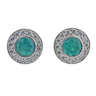 18k Gold Diamond Emerald Stud Earrings