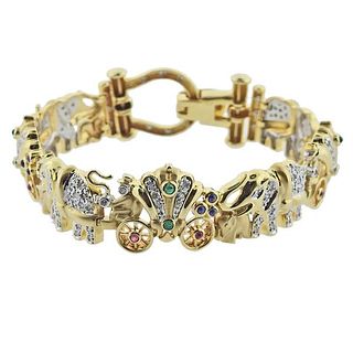 18k Gold Diamond Ruby Sapphire Emerald Elephant Bracelet