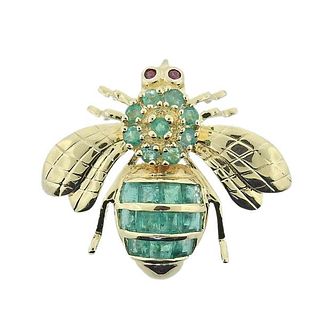14k Gold Emerald Ruby Bee Insect Pendant Brooch