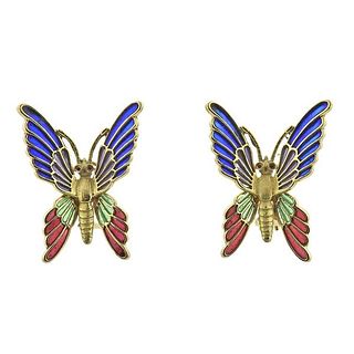 18k Gold Multi Color Enamel Butterfly Earrings