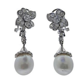 Mid Century 18k Gold Diamond Pearl Drop Earrings