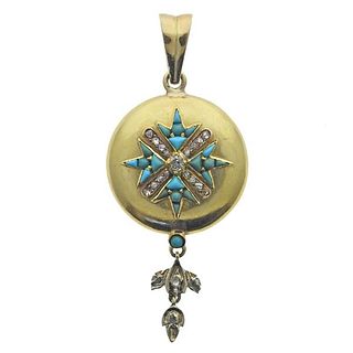 Antique 18k Gold Silver Diamond Turquoise Pendant
