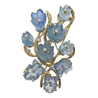 14k Gold Diamond Carved Aquamarine Flower Brooch Pin