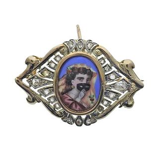Antique Gold Platinum Miniature Portrait Diamond Brooch Pendant