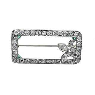 Art Deco Platinum Diamond Emerald Brooch Pin