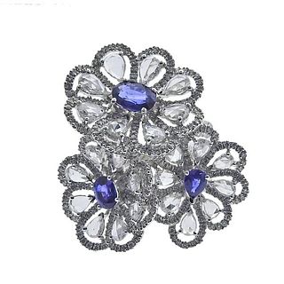 18k Gold Diamond  Sapphire Flower Cocktail Ring