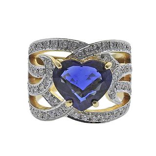 18k Gold Diamond Heart Shaped Sapphire Ring