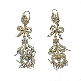 18k Gold Seed Pearl Bow Drop Earrings