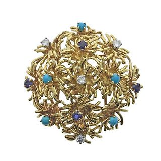 Tiffany &amp; Co 18k Gold Diamond Sapphire Turquoise Brooch Pin