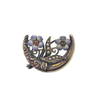 Antique 1880s Gold Garnet Pearl Enamel Brooch Pin