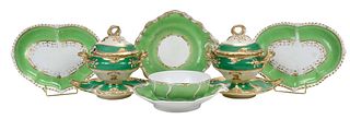 Seven Green and White Gilt Decorated Porcelain Table Objects
