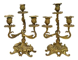 Pair of French Rococo Style Gilt Bronze Candelabras