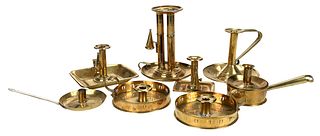 Group of Eight Brass Chambersticks with Three Snuffers