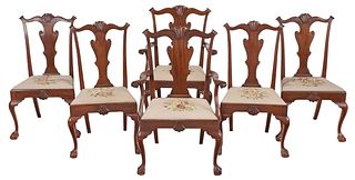 Set of Six Philadelphia Chippendale Style Needlepoint Upholstered Dining Chairs