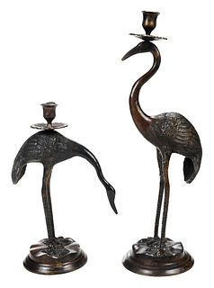 Pair of Japanese Bronze Crane Candlesticks