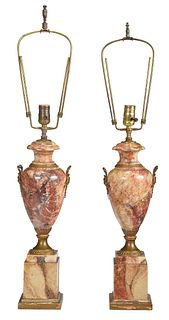 Pair of Variegated Marble Urn Form Lamps 