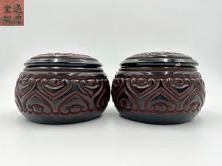 PAIR OF BLACK LACQUERED WOODEN WEIQI JAR