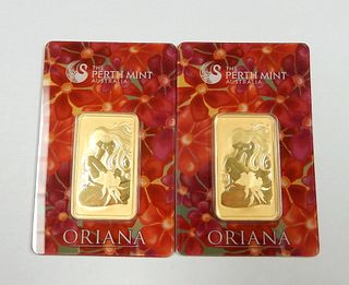 (2) Perth Mint Oriana  Pure Gold 1 Troy Ounce Bars.
