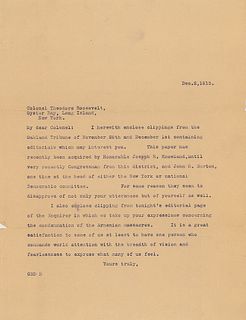 Theodore Roosevelt Letter Signed on Armenian Genocide