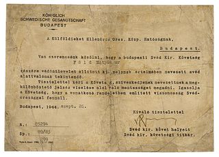 Raoul Wallenberg Document Signed (Schutz-Pass Related)