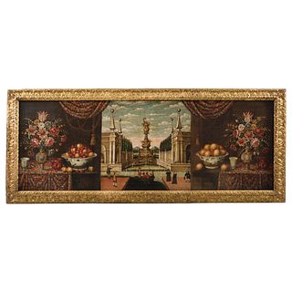PAÍS DE PERSPECTIVA CON FLOREROS Y FRUTEROS. CONTEXTO HISPÁNICO, CA. 1675-1710. Óleo sobre tela. 185 x 68 cm.
