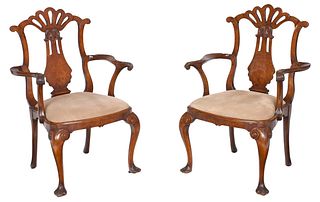 Pair Early Georgian Style Carved Mahogany Burlwood Veneered Open Armchairs