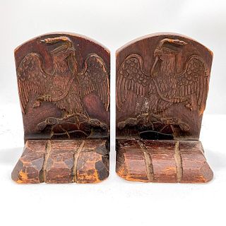 2pc Vintage Hand Carved Bookends, Mexico Coat of Arms