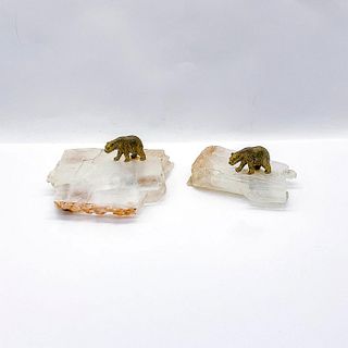 2pc Quartz Crystal With Bronze Bear Paperweights