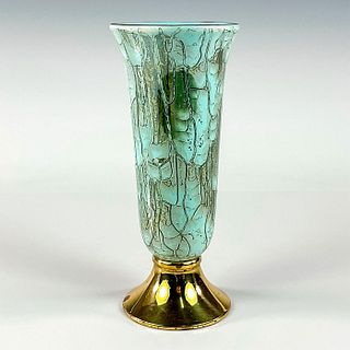 Vintage Delft Turquoise Aqua Lustre Glaze Brass Footed Vase