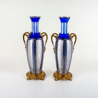 Pair of Antique Bohemian Cut Crystal Centerpiece Vases