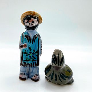 2pc Mexican Folk Art Pottery Figures, Man and Bird