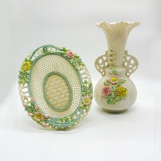 2pc Irish Belleek Floral Accented Porcelain Vase/Bowl Set