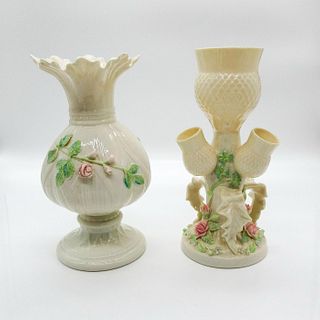 2pc Irish Belleek Lovely Floral Accented Porcelain Vases