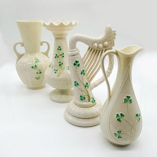 4pc Irish Belleek Clover Accented Porcelain Harp/Vase Set