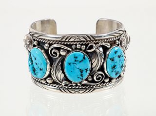 Sterling Floral Turquoise Bangle Bracelet
