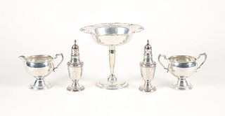 Collection weighted Sterling Shakers, Compote, bowl, creamer 