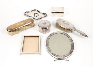 Seven Sterling Silver Vanity Pieces and Frames