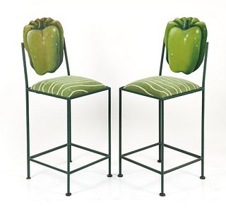 Pair of Hand Painted Green Pepper Tall Stools 