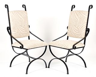 Pr. Mid Century Wrought Iron Zebra Upholstered Chairs 