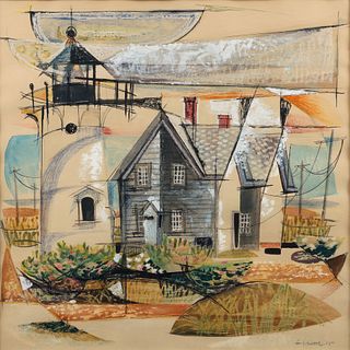 Fay Moore House and Boats 1955 Gouache Ptg