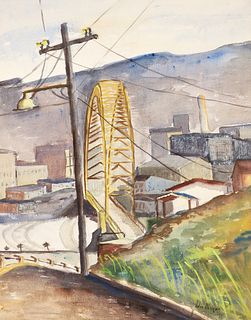 Helen Ubinger 1940s watercolor Bridge in Pittsburgh 