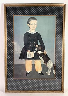 PRINT OF AMERICAN FOLK ART PAINTING OF CHILD WITH DOG