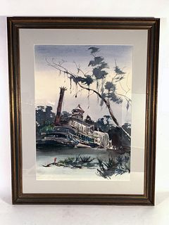 LARGE WATERCOLOR PAINTING OF STEAMBOAT MISSISSIPPI