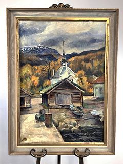 SIGNED PAINTING OF A COUNTRY TOWN WITH A CHURCH 