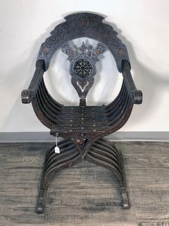 EXOTIC MIDDLE EASTERN SAVONAROLA CARVED INLAID CHAIR 